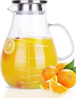 Glass Pitcher, Glass Water Pitcher with Tight Stainless Steel Lid, 108oz/3.2L, Heat Resistant Borosilicate Glass Carafe, Long Handle Cleaning Brush and Mixing Spoon, Temperature Safe