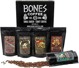 Bones Coffee Company NEW World Tour Sample Pack, Single-Origin Flavored Coffee Medium Roast Arabica Beans Specialty Coffee Gifts Compatible Auto Drip and French Press, 4 oz Pack of 5 Whole Bean