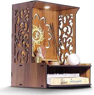 Heartily® Wooden Pooja Stand for Home/Office - Mandir/Temple With LED Spot Light (H- 15.5, L- 11.5, W-11 Inch)