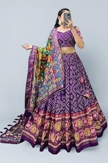 Patola Print Leheriya With Foil Work Tussar Silk Lehenga Choli