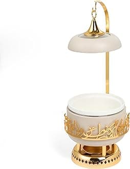 Otantik Home Jiwar Chafer with Porcelain Bowl, Stainless Steel Base, Water Bowl for Even Heat, Glass Lid with Hanger, Powered Buffet Warmer for Catering (Beige & Gold, 2.5 Liters)