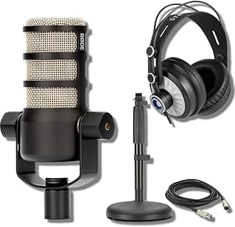 Rode PodMic Dynamic Podcast Microphone with Rode DS1 Desktop Mic Stand, Podcast Headphones, XLR Cable and StreamEye Polishing Cloth