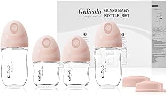 Natural Glass Baby Bottles Set 4 Pack, Newborn Girl Breastfeeding Bottles with Slow Flow Nipples, 0 Months+, 3 oz & 5 oz - Pink