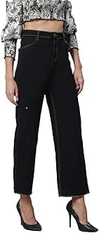 KOTTY Women High Rise Cotton Lycra Ankle Length Straight fit Oil Black Solid Jeans