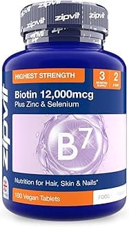 Zipvit Biotin Hair Skin & Nails Complex with Zinc & Selenium 12000mcg, 180 Vegan Tablets, High Strength Biotin for Men and Women