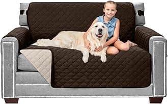 Sofa Shield Original Patent Pending Reversible Loveseat Slipcover, Dogs, 2" Strap/Hook, Seat Width Up to 54" Washable Furniture Protector, Couch Slip Cover for Pets, Kids (Love Seat: Chocolate/Beige)