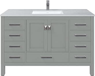 Eviva London 54 Inch Bathroom Vanity White Vanity Bathroom Sink Cabinet W/Quartz Countertop Porcelain Single Sink Design for Modern Bathrooms
