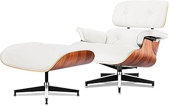 Top Grain Leather, Mid Century Chaise Lounge Chair and Ottoman, Modern Chair Classic Design, Heavy Duty Base Support for Living Room Study Lounge Office, Palisander-White