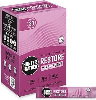 – Hunter & Gather Restore Electrolytes Sachets x 30 I No Added Sugar or Artificial Sweeteners I 100% Natural Hydration I Optimal Mineral Ratio with Pink Himalayan Salt I Keto I with Natural Monk Fruit