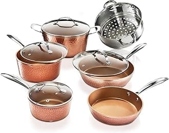 Gotham Steel Hammered 15 Pc Ceramic Cookware Set Nonstick, Deep Copper Pots and Pans Set Non Stick with Induction Cookware, Cooking Utensils & Steamer, Non Toxic PFOA PFOS Free, Oven & Dishwasher Safe