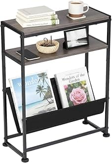 Narrow End Table for Small Spaces - Slim Side Table with Magazine Holder,2 in 1 Design Narrow CoffeeTable Living Room,Skinny Bedroom Nightstand Thin Side Magazine Table,Grey