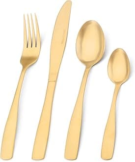 Bettlife Cutlery Set, 16-Piece Tableware Set Stainless Steel Flatware Silverware Set with Matt Gold Knife and Fork Set, Service for 4, Dishwasher Safe, Easy Clean & Hold