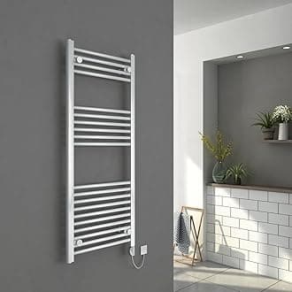 Warmehaus 400W Electric Heated Towel Rail Thermostat 1200 x 500mm Thermostatic Heated Towel Rail Electric Ladder Radiator White Straight Towel Warmer