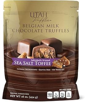 Utah Truffles Belgian Milk Chocolate Toffee Individually Wrapped Pouch, Naturally Gluten Free, Gourmet Smooth Creamy Natural Truffle, 16 oz, Approx. 32 pc