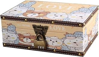 WANLIANWood and Leather Treasure Chest with Lid and Lock-Decorative Jewelry Keepsake Storage Box for Girls Women ,for Birthday Wedding Nursery Office Home Decoration, Lovely Bear Pattern (9.3*6.5*3.7")