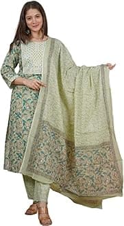 Women's Cotton Printed Grey Printed Straight Embroidery Kurta With Palazzo & Dupatta