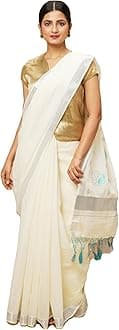 manvish drapes Solid/Plain Kerala Kasavu Pure Cotton Saree with Embroidered Pallu and Tassels