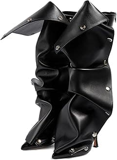 KaroNairy Brown Slouchy Knee High Boots for Women Denim Pointed Toe Stiletto High Heel Boots Detachable Snap-off Panel Fall Shark Boots