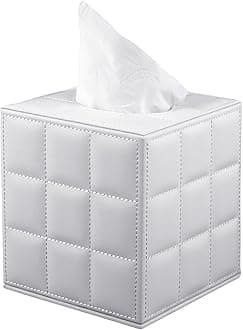 RHCSZ Tissue Box Cover Square,Stylish PU Leather Tissue Box Holder for Dresser Bathroom,Facial Tissue Holder with Magnetic Bottom for Home Office (White)
