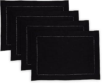 Solino Home Linen Placemats Set of 4 - Medium Weight Hemstitch Black Placemats 14 x 19 Inch - 100% Pure Linen Table Place Mats for Winter, New Year, Christmas