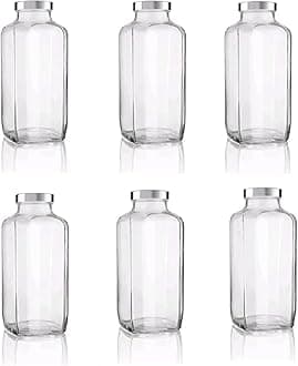 Piraml Square Glass Bottle Travel Drinking Fridge Glass Bottle with Stainless Steel Lid for Home, Travel, Juicing, Water, Smoothie 1liter Glass Bottle (1000ml French Square Bottle, Set Of 6)