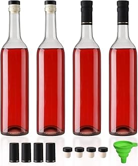 4 Pack 750 ml Clear Glass Bottles With T-top Caps & Seal Shrink Capsules, 25 oz Empty Wine Bottles with Funnel for Wine, Beverages, Juice & Kombucha