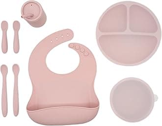 Baby Led Weaning Bundle, Silicone Suction Bowl, Spoons, Bib & Cup, Develops Self Feeding Skills, Dishwasher Safe (Pink)