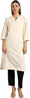 BLOCKS OF INDIA Long Cotton Kurta Womens Plain Straight Kurta, 3/4 Sleeve, Knee Length with 2 Pockets