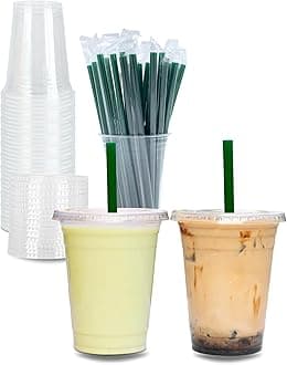 Aatriet 12 oz Clear Plastic Cups with Lids and STRAWS, Disposable Party Cups for To Go Iced Coffee Cold Drinks, Smoothie, Juice, Parfait, Frappuccino, Milkshake. No Leaking Fruit Cup, 25 Sets