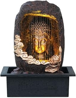 Polyresin Tabletop Gold Brown Meditating Buddha Sitting in Cave Style Indoor Front Curtain Water Fountain for Home Decor with LED Light, Speed Controller Pump (Size: 40 x 22 x 29.5CM)