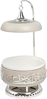 Jiwar Chafer with Porcelain Bowl, Stainless Steel Base, Water Bowl for Even Heat, Glass Lid with Hanger, Powered Buffet Warmer for Catering (Beige & Silver, 6 Liters)