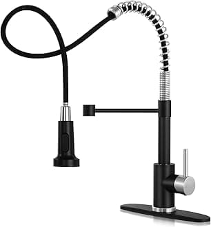 DJS Kitchen Faucets with Pull Down Sprayer Matte Black & Brushed Nickel - Single Handle 1 or 3 Holes Spring Kitchen Sink Faucet with Deck Plate for Farmhouse RV Vessel Basin