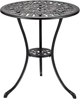 24" Outdoor Round Patio Bistro Table, Cast Aluminum Outdoor Cafe Table with 2 inch Umbrella Hole for Porch,Backyard,Garden, Tulip Pattern, Black
