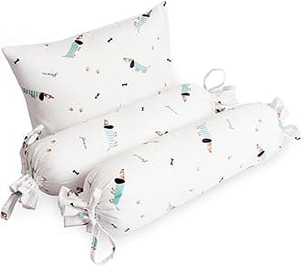 The White Cradle Cot Pillow + 2 Bolsters Set with Fillers - Organic Cotton Fabric, Softest Fiber Filling, Protective Comfort - Blue Poodle