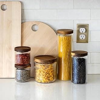 Mason & Fable Ribbed Glass Jar with Wooden Lid 70fl.oz- Set of 2 | Airtight Fluted Storage Container for Cookies, Pasta, Coffee, Dog Treats, Snacks | Organization Canisters for Home & Kitchen