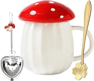 Kawaii Cute Mushroom Mug Tea Cup Set Mushroom Stuff for Milk Coffee Tea Cup Mug with Lid Gifts for Girl Women Birthday Christmas Home Decor (Red)