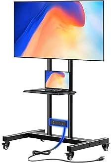 GREENSTELL TV Stand with Power Outlet, Mobile TV Cart on Wheels for 32-85 inch LED LCD Flat Curved Panel Screen TVs, up to 132lbs, Height Adjustable Rolling TV Stand with AV Shelf, Max VESA 600x400mm