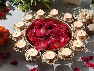 R Ayurveda Copper Diya Shape Iron Flower Decorative Urli for Home | Handcrafted | Golden | Decorative Metal Diya Traditional Golden Bowl Table Decor Gift (Diya URLI Bowl 14 INCHES 13 Diya)