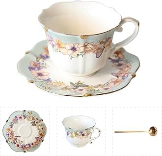 Vintage Floral Porcelain Tea Cup and Saucer Set with Spoon, Gold Trim, 6.4 oz – Set of 1, Teal – Tea & Espresso & Coffee Cups (1, Teal)