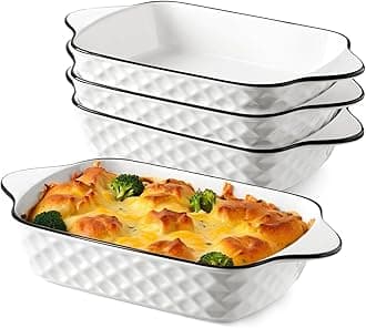 Angju Baking Dishes Set of 4, 34Oz Rectangular Lasagne Dishes - Diamond Design - Small Ceramic Baking Dish, Rectangular Bakeware with Handles, Oven Safe & Microwave Safe