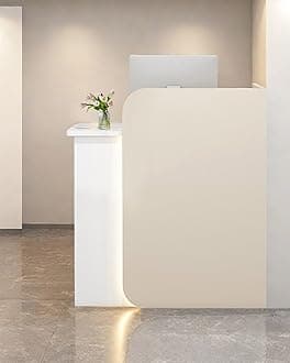 Reception Desk Office Checkout Counter, Modern Front Desk Reception Counter Desk with Lockable Drawer Simple Retail Counter for Retail, Lobby, Beauty Salon Clothing Store(Warm+White,32" Lx18 Wx39 H)
