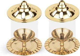 Klassic Navjyoti Akhand Diya with Borosilicate Glass Lampshade for Mandir, Decorative Brass & Glass, Oil Lamp, Lantern Diya with Glass Cover for Prayer, Cylindrical Glass, Brass, Diya (Pack of 2)