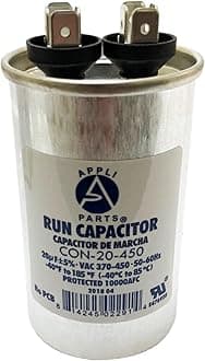 Appli Parts Condensador Capacitor de Marcha 20 Mfd uF (microfaradios) 370VAC o 450VAC CBB65 Universal Aire acondicionado y otras aplicaciones Redondo UL E476928 8.6cm Alto 4.5cm Ancho CON-20-450