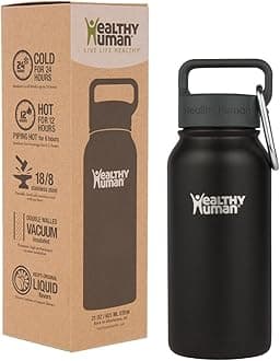 Healthy Human Stainless Steel Water Bottle | Double Walled Vacuum Insulated Water Thermos for Adults | Eco-Friendly Travel Bottles with Leak Proof Lid (Pure Black, 16 oz/ 473 ML)