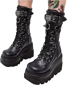 Platform Ankle Boots for Women Chunky High Heel Booties Punk Goth Round Toe Combat Boots Womens Lace Up Motorcycle Wedges Boots