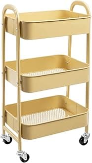 DOEWORKS Storage Trolley on Wheels 3-Tier Metal Storage Cart Rolling Kitchen Trolley Beauty Trolleys Craft Trolleys Utility Cart for Room Bathroom Office, Khaki Yellow
