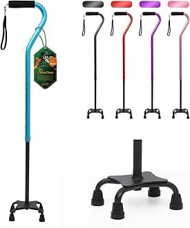 Quad Cane Adjustable Walking Cane with Offset Soft Cushioned Handle for Men & Women Lightweight Comfortable with 4-Pronged feet for Extra Stability