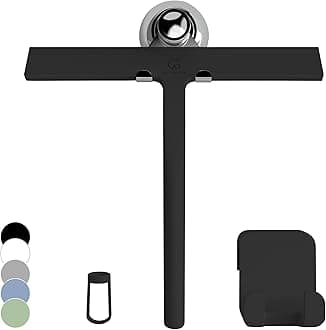 GÜTEWERK shower squeegee black 9 in - incl. chrome suction cup hook - stainless steel core - silicone rubber squeegees for bathroom cleaning - window screen wiper cleaner glass scraper blade showers
