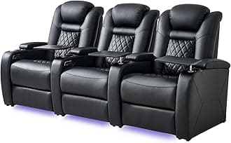 Home Theater Seating, Classic Series Leather Movie Theater Chairs, Power Headrest and Memory with C-Type USB Charger, 7-Color Ambient Lighting and Tray Table, Black Power Adjustable Recliner(Row of 3)