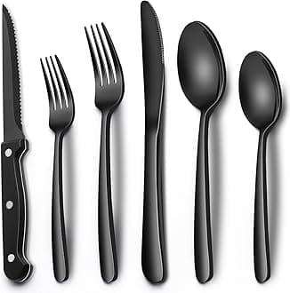 24-Piece Black Silverware Set with Steak Knives, Black Flatware Set for 4, Food-Grade Stainless Steel Tableware Cutlery Set, Mirror Finished Utensil Sets for Home Restaurant, Heavy Duty